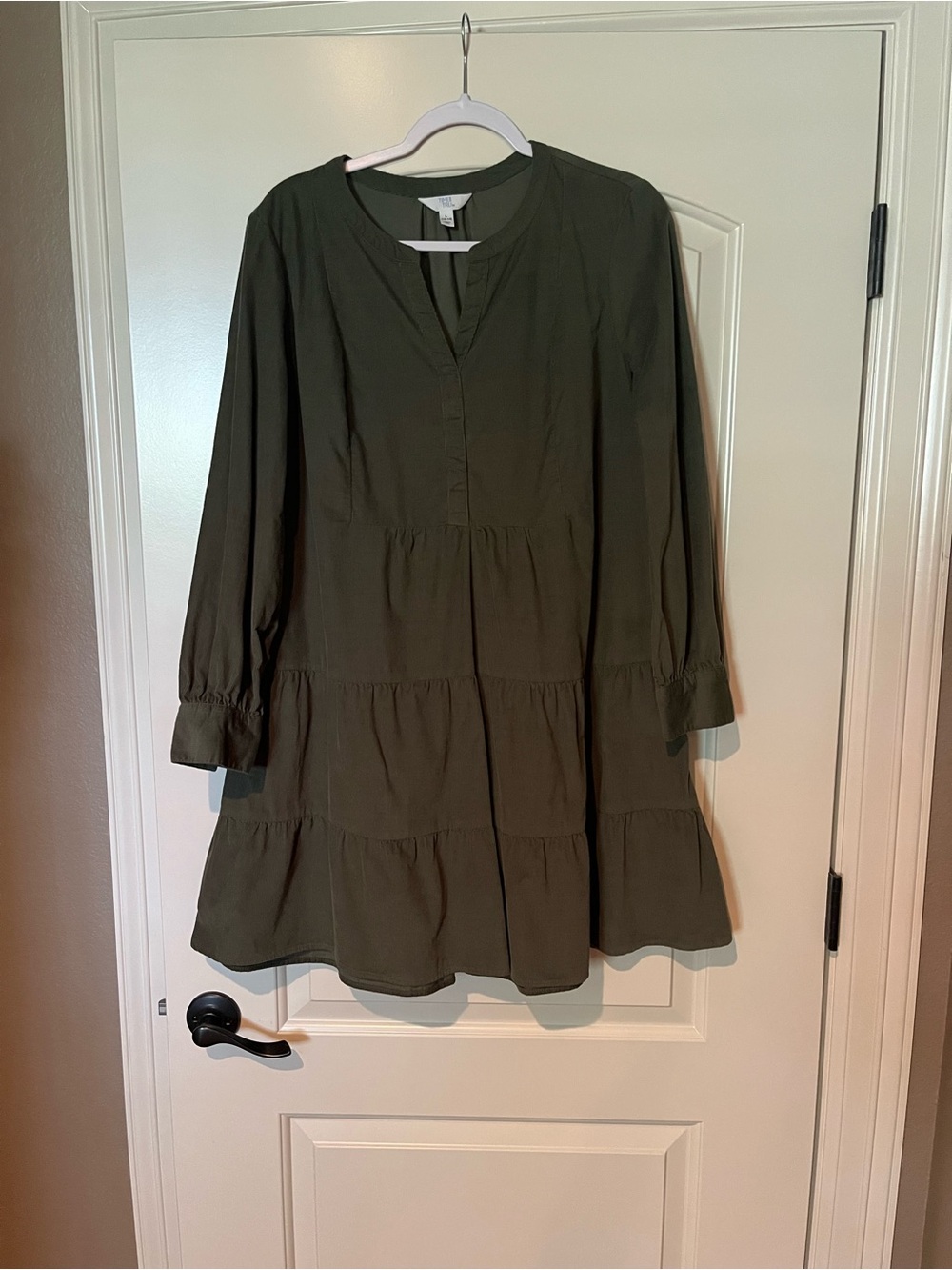 Time and Tru Olive Long-Sleeve Tiered Dress